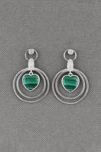 Silver Open Double-Circle Malachite Dangle Earring