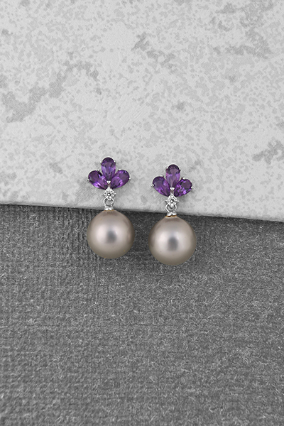 Mid-length Amethyst-Studded Shell Pearl Earring