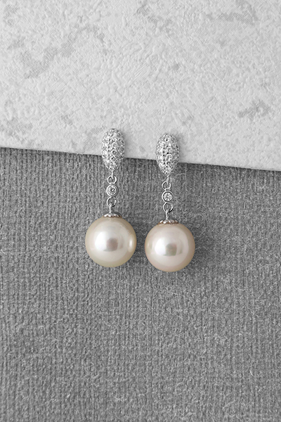 CZ-Studded Silver Shell Pearl Drop Earring