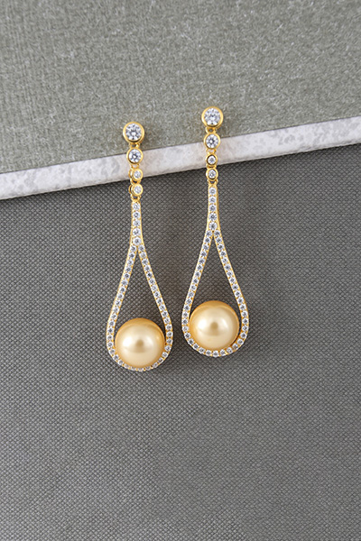 Long Silver CZ-Studded Shell pearls Dangle Earring