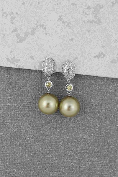 Carved Silver-Studded Shell Pearl Drop Earring