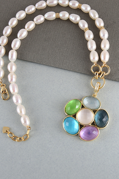 Natural Pearl Necklace Multi-Color Glass Gem Drop